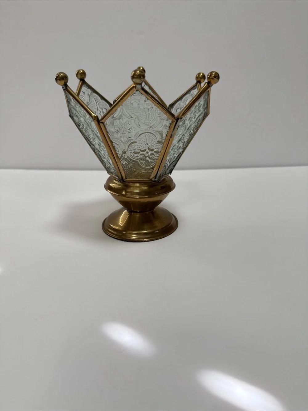 Vintage Crown Glass & Brass Decorative Votive Holder - Gold & Clear India fairy